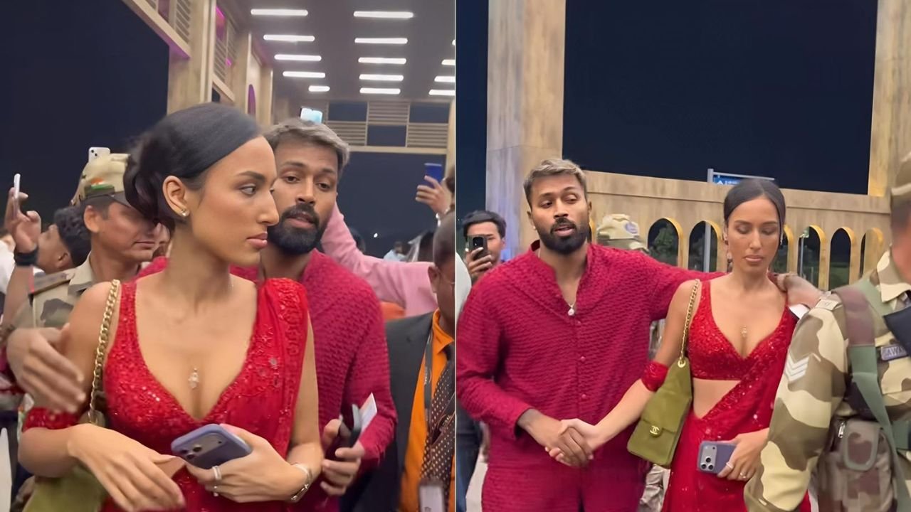 Hardik Pandya-Mahika Sharma's romantic moments captured in a viral video amidst media and crowds at the airport.
